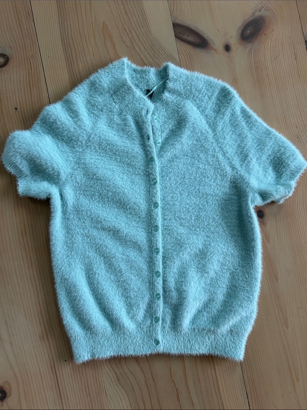 Anthropologie Blue Short-Sleeve Button-Up Fuzzy Sweater